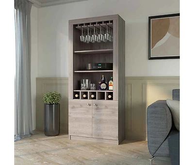 Fm Furniture New York Bar Cabinet, Five Bottle Cubbies, Three Open Shelves