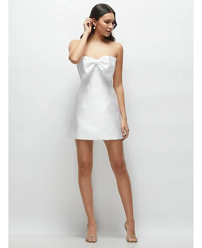 Alfred Sung Women's Oversized Bow Strapless Little White Mini Dress with Pearl Accents