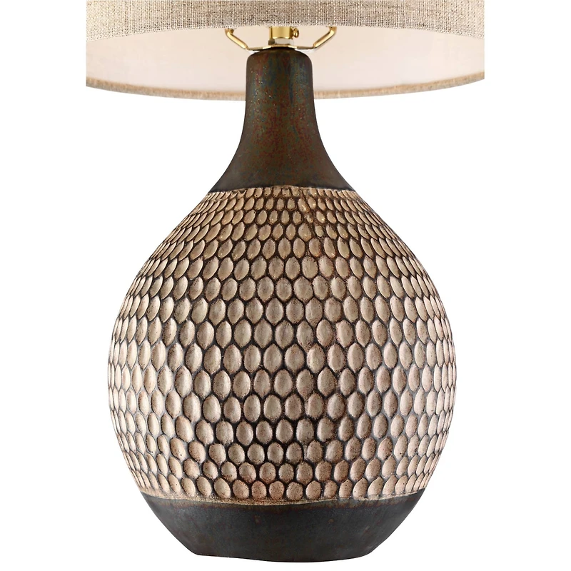 Emma Mid Century Modern Style Accent Table Lamp 21" High Brown Textured Wood Ceramic Oatmeal Fabric Drum Shade Decor for Living Room Bedroom House Bed