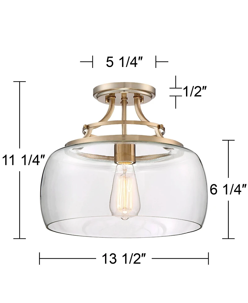 Franklin Iron Works Charleston Rustic Farmhouse Ceiling Light Semi Flush-Mount Fixture 13 1/2" Wide Warm Brass Led Clear Glass Shade for Bedroom Kitch
