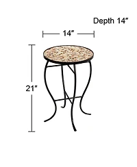 Mother of Pearl Modern Black Metal Round Outdoor Accent Side Tables 14" Wide Set of 2 Natural Mosaic Tile Tabletop Curved Legs for Spaces Porch P