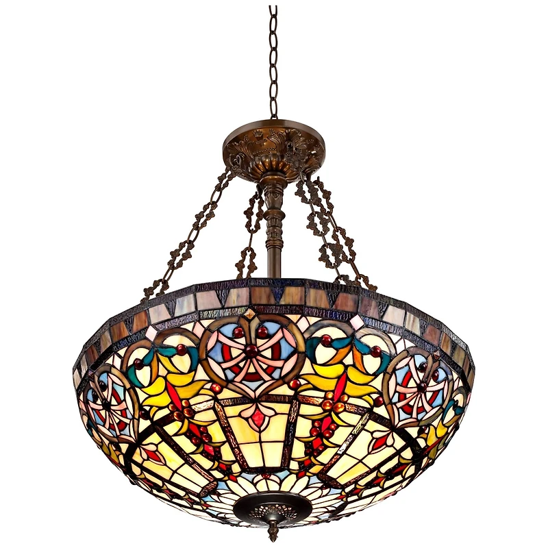 Robert Louis Tiffany Bronze Pendant Chandelier 24" Wide Tiffany Style Ornamental Stained Glass Bowl Fixture Dining Room Kitchen