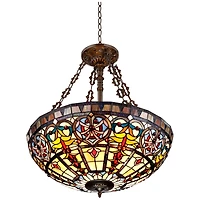 Robert Louis Tiffany Bronze Pendant Chandelier 24" Wide Tiffany Style Ornamental Stained Glass Bowl Fixture Dining Room Kitchen
