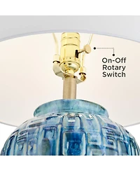 Asian Modern Table Lamp 27" Tall Teal Glaze Textured Ceramic Temple Jar White Tapered Drum Shade for Bedroom Living Room House Home Bedside Night