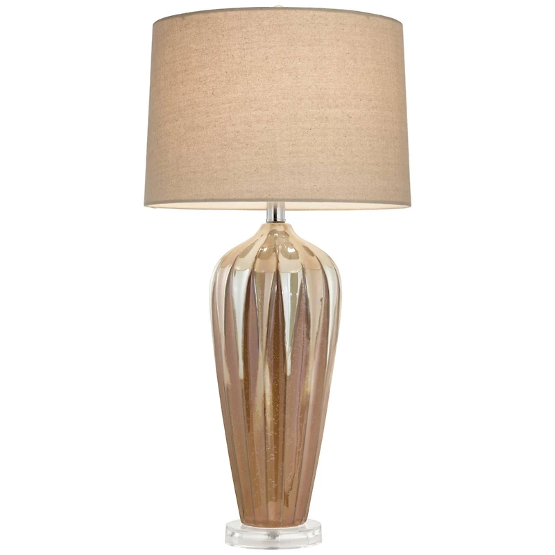 Possini Euro Design Loren Modern Mid Century Table Lamp 28 1/4" Tall Ivory Drip Glaze Ceramic Fabric Drum Shade for Bedroom Living Room Bedside H