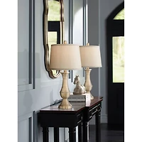 Regency Hill Becky Traditional Table Lamps 24 3/4" High Set of 2 Antique Brass Metal Beige Drum Shade for Bedroom Living Room Bedside Nightstand
