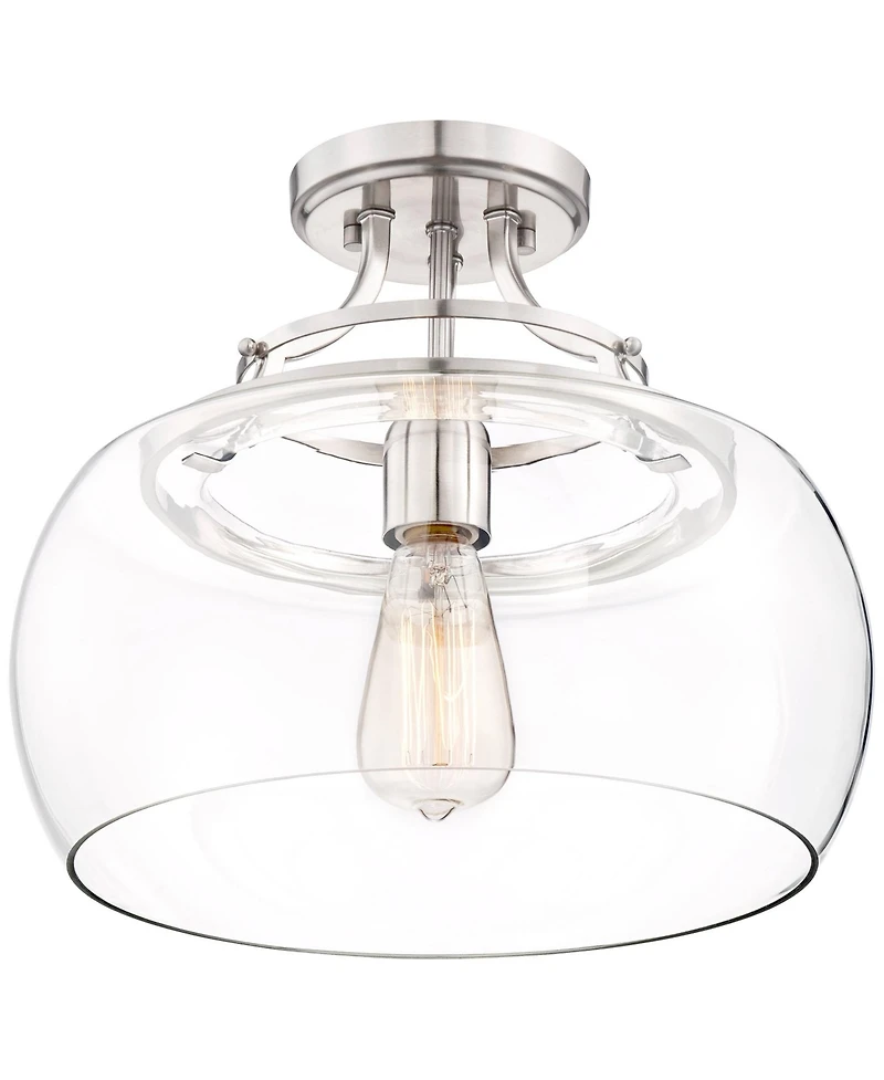 Franklin Iron Works Charleston Industrial Rustic Farmhouse Ceiling Light Semi Flush-Mount Fixture 13 1/2" Wide Brushed Nickel Led Clear Glass Shade fo