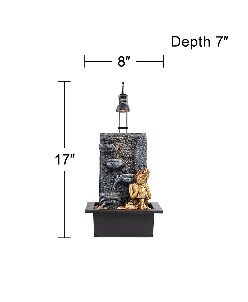 Kneeling Gold Buddha 17" High Small Zen Asian Indoor Outdoor Decor Faux Stone Tabletop Fountain with Light Led