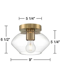 Possini Euro Design Gustin Modern Ceiling Light Semi Flush-Mount Fixture 8 3/4" Brass Clear Glass for Bedroom Kitchen Living Room