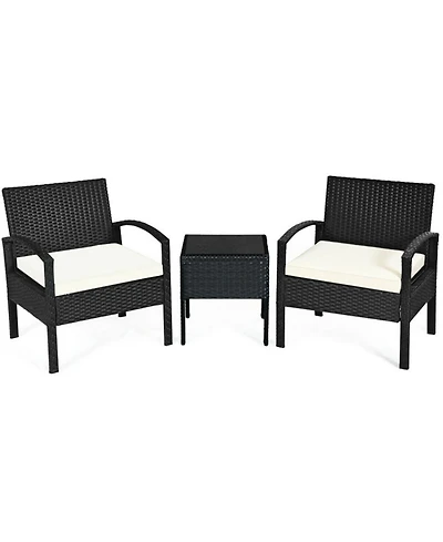 Sugift 3 Pieces Outdoor Rattan Patio Conversation Set with Seat Cushions
