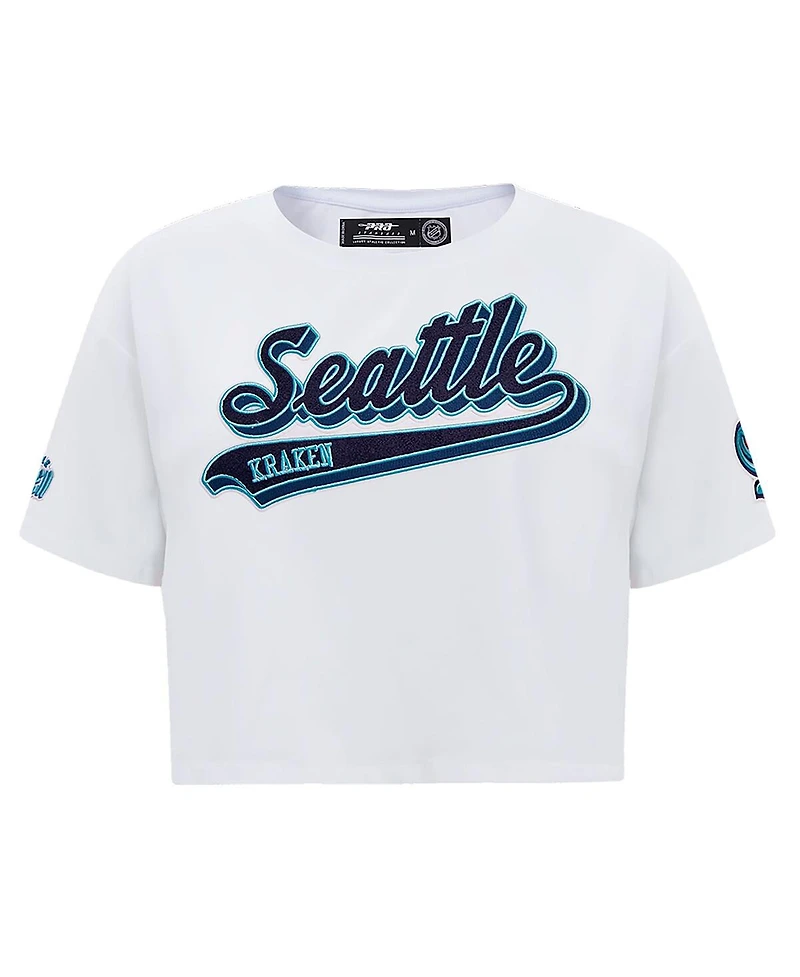 Pro Standard Women's White Seattle Kraken Boxy Script Tail Cropped T-Shirt