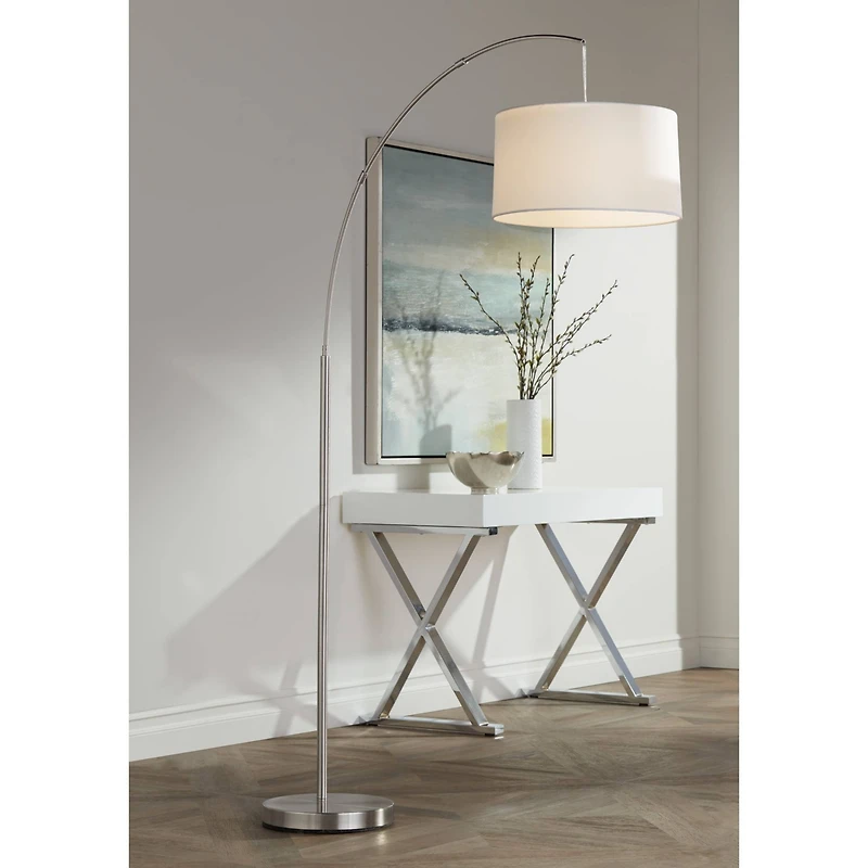 360 Lighting Cora Modern Arc Floor Lamp Standing 72" Tall Brushed Nickel Metal White Linen Drum Shade for Living Room Reading Bedroom Office Hous
