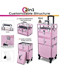 Byootique Folding Manicure Nail Table 2in1 Rolling Makeup Train Case Kit Manicure Cosmetic Trolley Travel Organizer Nail Case, Pink