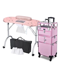 Byootique Folding Manicure Nail Table 2in1 Rolling Makeup Train Case Kit Manicure Cosmetic Trolley Travel Organizer Nail Case, Pink