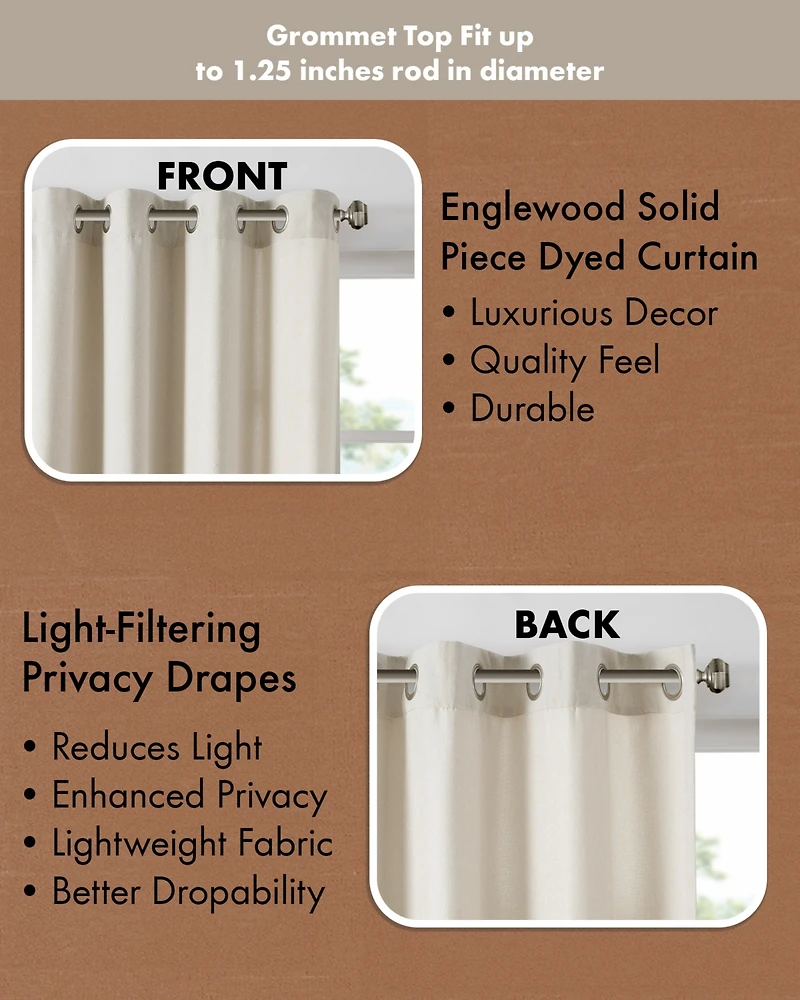 Englewood Solid Piece Dyed Curtain Single Panel For Bedroom, Antique Silver Grommet Top Fit Up To 1.25 Inches Rod Single Curtain Panel For Living Room