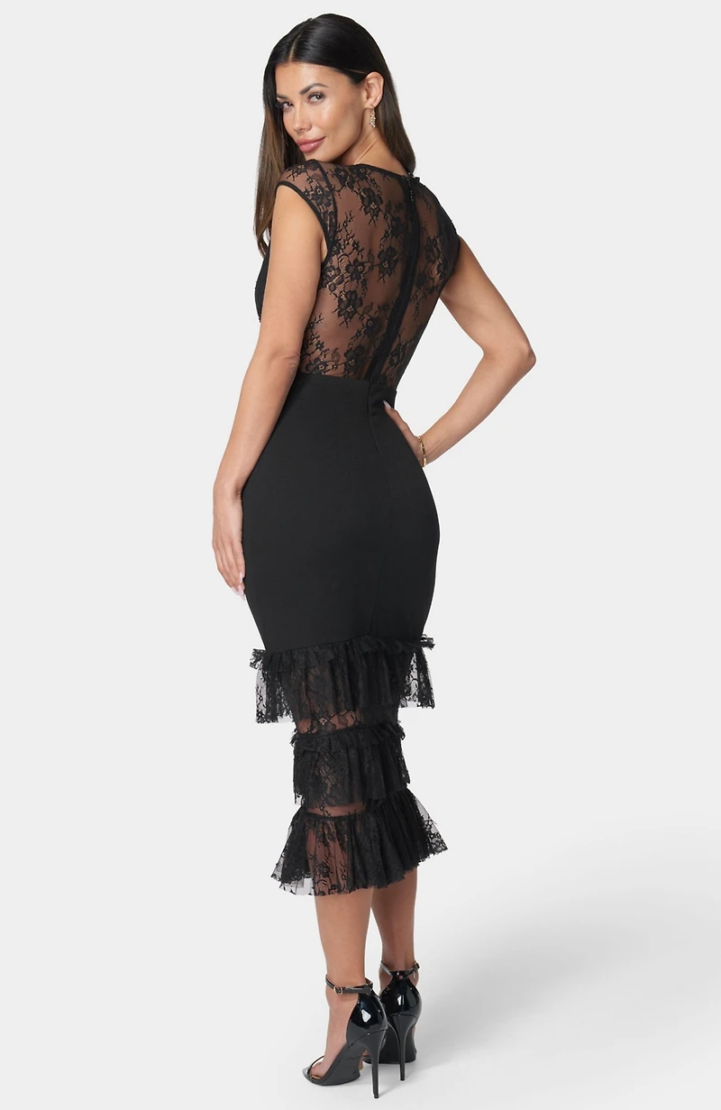 Bebe Women's Tiered Lace Midi Dress