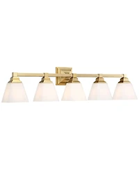 Regency Hill Mencino-Opal Modern Wall Mount Light Warm Brass Gold Metal Hardwired 35 1/4" Wide 5-Light Fixture Etched White Glass Shades for Bathroom