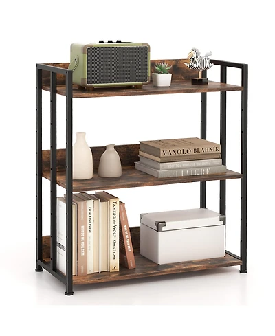 3-Tier Industrial Metal Frame Corner Bookcase with Adjustable Shelves Rustic