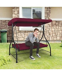 Costway Converting Outdoor Swing Canopy Hammock 3 Seats Patio Deck Furniture Wine Red