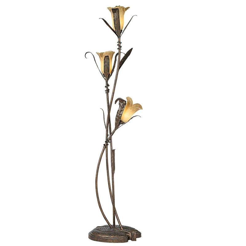 Franklin Iron Works Rustic Farmhouse Sculptural Floor Lamp 68 1/4" Tall Bronze Gold 3-Light Amber Glass Intertwined Lily Flower Shade for Living