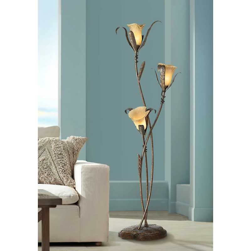 Franklin Iron Works Rustic Farmhouse Sculptural Floor Lamp 68 1/4" Tall Bronze Gold 3-Light Amber Glass Intertwined Lily Flower Shade for Living