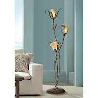 Franklin Iron Works Rustic Farmhouse Sculptural Floor Lamp 68 1/4" Tall Bronze Gold 3-Light Amber Glass Intertwined Lily Flower Shade for Living