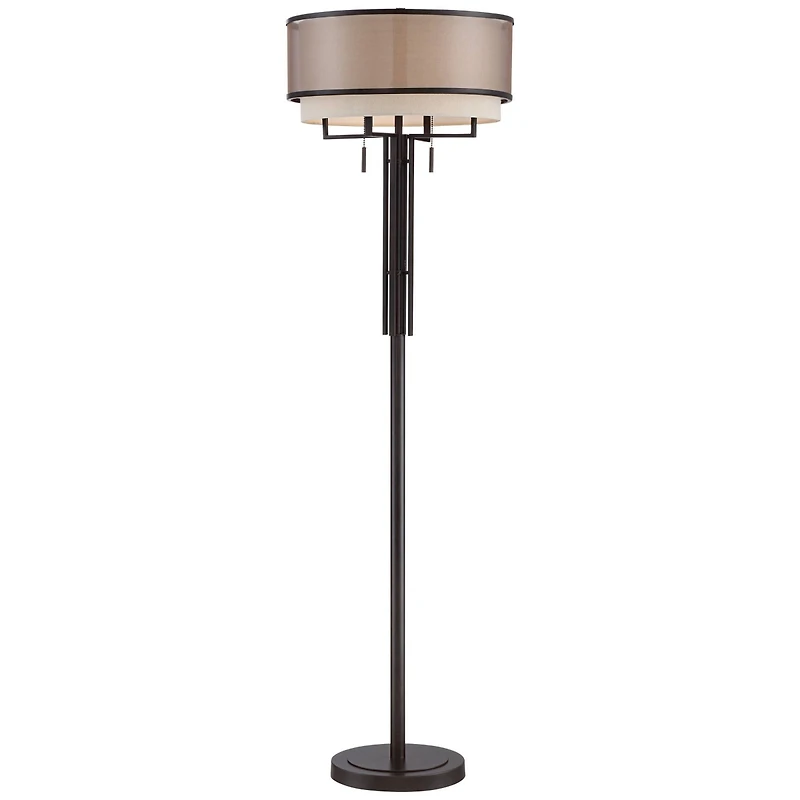 Franklin Iron Works Alamo Industrial Rustic Floor Lamp 62" Tall Bronze Metal Sheer Organza Outer Linen Fabric Inner Double Drum Shade for Living