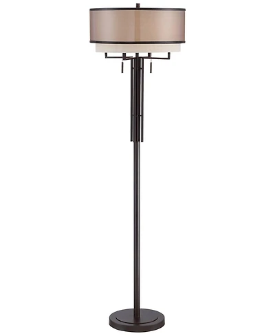 Franklin Iron Works Alamo Industrial Rustic Floor Lamp 62" Tall Bronze Metal Sheer Organza Outer Linen Fabric Inner Double Drum Shade for Living