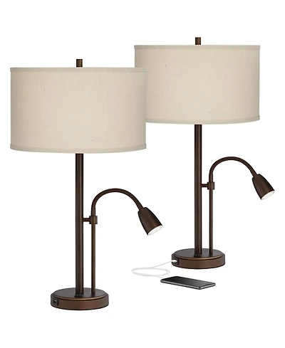 Possini Euro Design Traverse Modern Table Lamps 29" Tall Set of 2 with Usb Charging Port Gooseneck Led Bronze Oatmeal Shade for Bedroom Living Ro