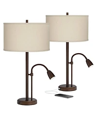 Possini Euro Design Traverse Modern Table Lamps 29" Tall Set of 2 with Usb Charging Port Gooseneck Led Bronze Oatmeal Shade for Bedroom Living Ro