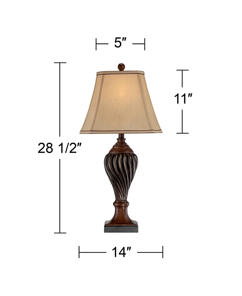 Regency Hill Traditional Table Lamp 28.5" Tall Carved Two Tone Brown Urn Shaped Beige Fabric Shade for Living Room Family Bedroom Bedside
