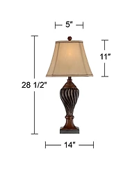 Regency Hill Traditional Table Lamp 28.5" Tall Carved Two Tone Brown Urn Shaped Beige Fabric Shade for Living Room Family Bedroom Bedside