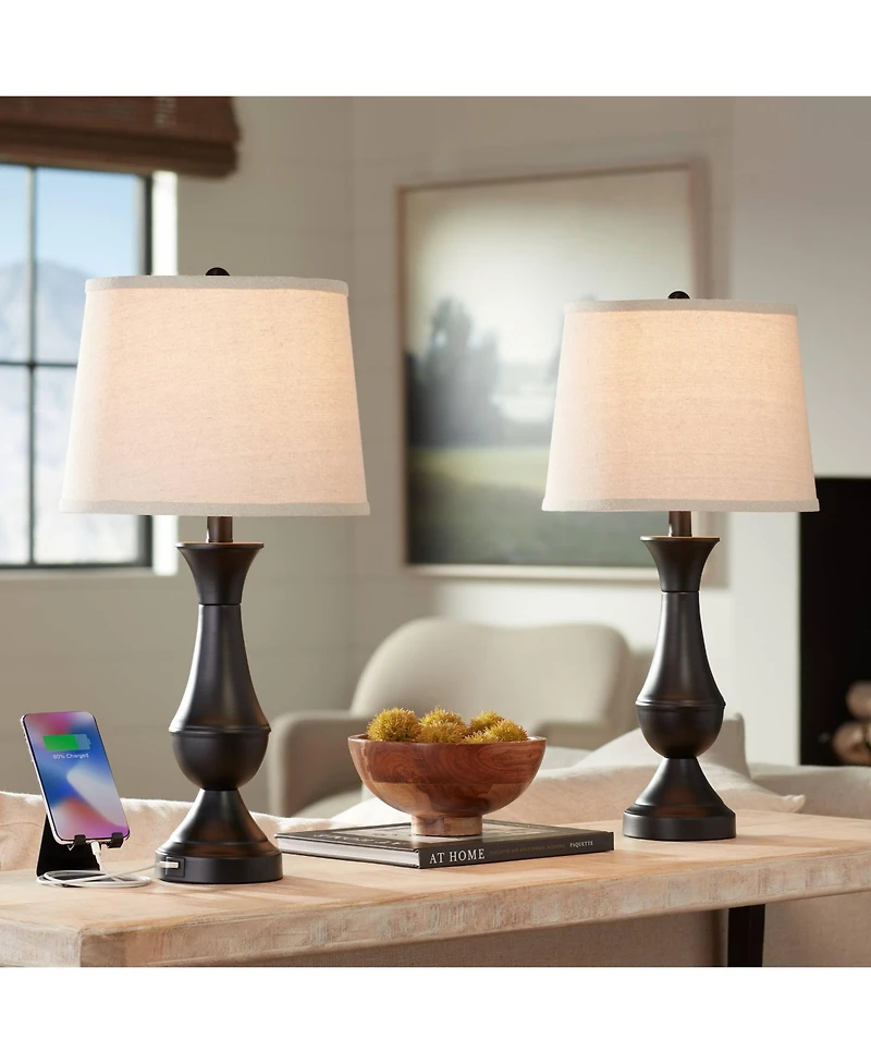Regency Hill Traditional Table Lamps 25" High Set of 2 with Hotel Style Usb Charging Port Led Bronze Oatmeal Shade Touch On Off for Living Room B