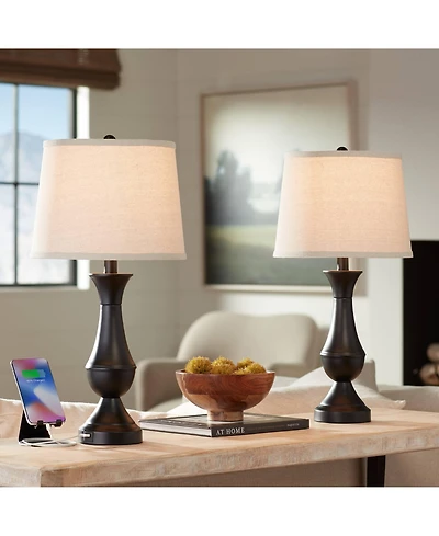 Regency Hill Traditional Table Lamps 25" High Set of 2 with Hotel Style Usb Charging Port Led Bronze Oatmeal Shade Touch On Off for Living Room B