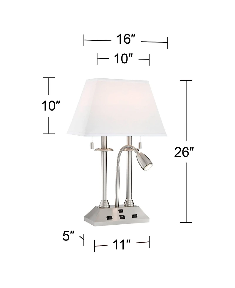 Possini Euro Design Dexter Modern Table Lamp 26" High Brushed Nickel with Usb and Ac Power Outlet in Base Led Reading Light White Shade for Home