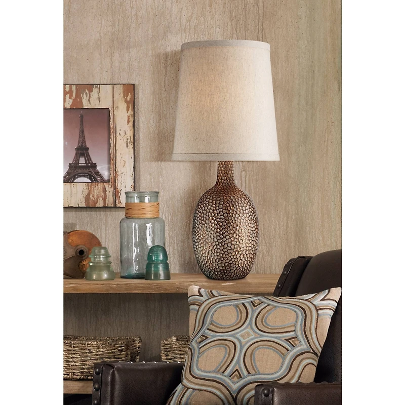 360 Lighting Chalane Rustic Accent Table Lamp 23 1/2" High Antique Bronze Hammered Texture Natural Beige Linen Shade for Bedroom Living Room Beds