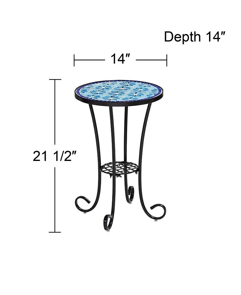 Teal Island Designs Blue Star Modern Black Metal Round Outdoor Accent Side Table 14" Wide with Lower Shelf Mosaic Tabletop Gracefully Curved Legs for