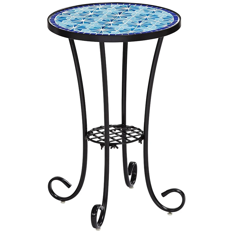 Teal Island Designs Blue Star Modern Black Metal Round Outdoor Accent Side Table 14" Wide with Lower Shelf Mosaic Tabletop Gracefully Curved Legs for