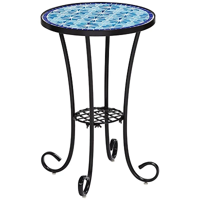 Teal Island Designs Blue Star Modern Black Metal Round Outdoor Accent Side Table 14" Wide with Lower Shelf Mosaic Tabletop Gracefully Curved Legs for
