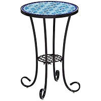 Teal Island Designs Blue Star Modern Black Metal Round Outdoor Accent Side Table 14" Wide with Lower Shelf Mosaic Tabletop Gracefully Curved Legs for