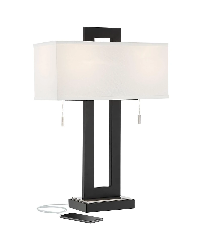 Neil Modern Rustic Table Lamp 26" High with Usb Charging Port Black Open Metal White Fabric Rectangular Shade for Bedroom Living Room House Home