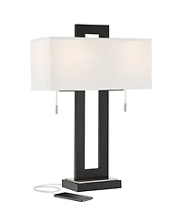 Neil Modern Rustic Table Lamp 26" High with Usb Charging Port Black Open Metal White Fabric Rectangular Shade for Bedroom Living Room House Home