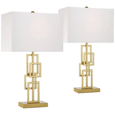 360 Lighting Gale Modern Mid Century Table Lamps 26" High Set of 2 Brushed Gold Grid Metal White Shade for Bedroom Living Room Bedside Nightstand