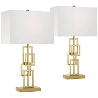 360 Lighting Gale Modern Mid Century Table Lamps 26" High Set of 2 Brushed Gold Grid Metal White Shade for Bedroom Living Room Bedside Nightstand