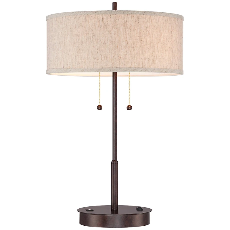 Nikola Modern Accent Table Lamp with Usb and Ac Power Outlet in Base 23 1/2" High Bronze Fabric Drum Shade for Bedroom Living Room House Desk Bed