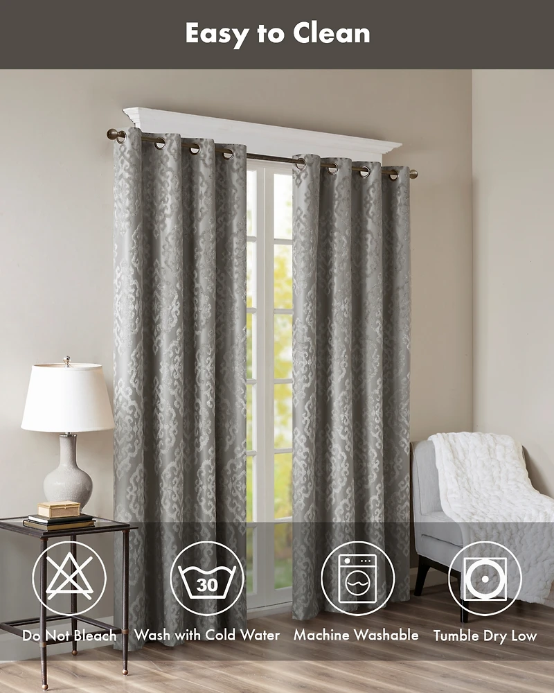 Mirage Knitted Jacquard Damask Total blackout curtains for bedroom, Silver grommet top fit up to 1.25 inches rod Single Curtain Panel for Living Room