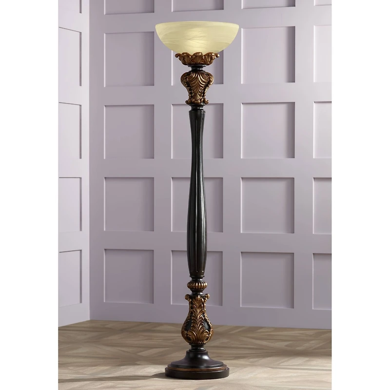 Barnes and Ivy Rita Vintage Rustic Torchiere Floor Lamp 75" Tall Acanthus Leaf Carved Wood Frosted Glass Shade for Living Room Bedroom Office Hou