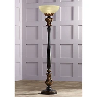 Barnes and Ivy Rita Vintage Rustic Torchiere Floor Lamp 75" Tall Acanthus Leaf Carved Wood Frosted Glass Shade for Living Room Bedroom Office Hou