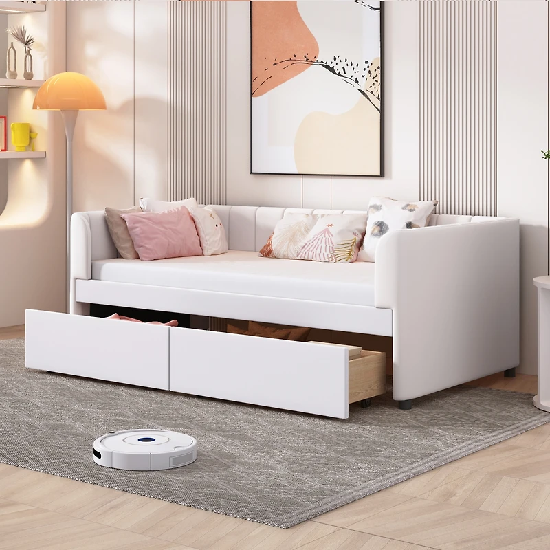 Twin Size Upholstered Daybed With Ergonomic Design Backrest And 2 Drawers