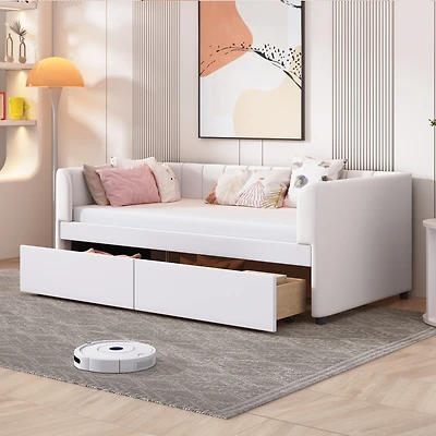 Twin Size Upholstered Daybed With Ergonomic Design Backrest And 2 Drawers